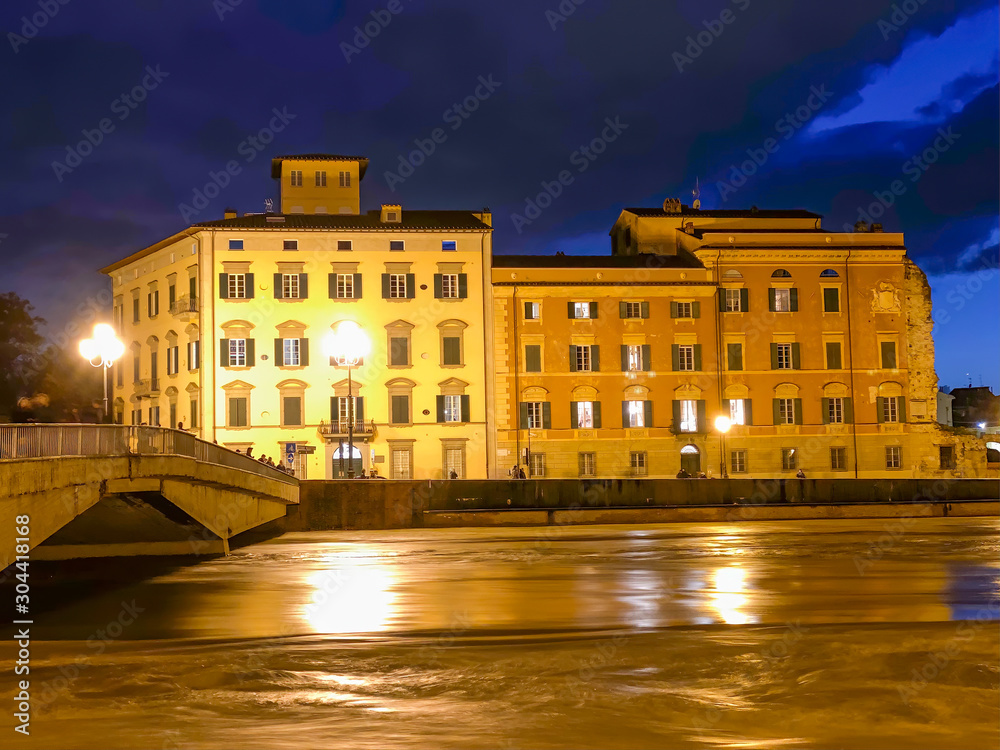 Storm over Pisa, Arno River with flooding