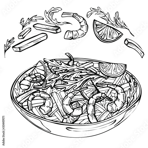  Hand drawn sketch of fresh salad with greens, shrimps, lime, pepper. Organic food. Vector illustration of ingredients for salad with shrimps on white background