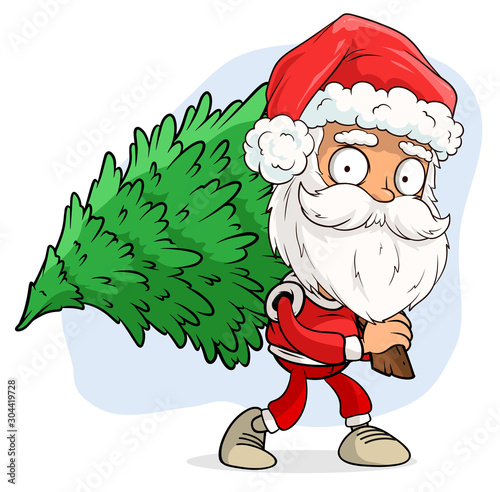 Cartoon cute funny bearded Santa Claus in red costume and cap carrying green fir-tree. Layered vector for animations. Isolated on white background. New Year and Christmas vector icon.