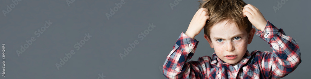 young boy scratching his hair for head lice, panorama - obrazy, fototapety, plakaty 