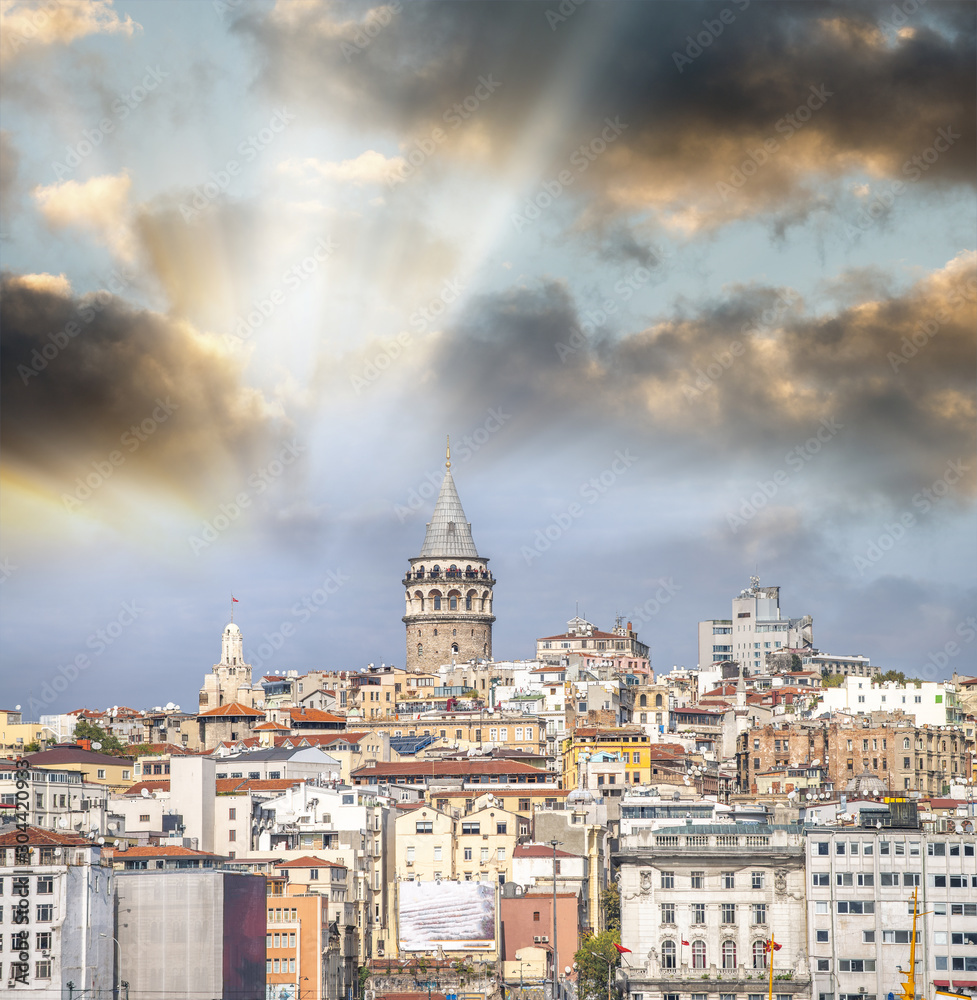 Galata Tower and Istanbul cityscape at sunset