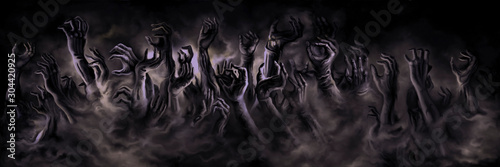 Zombie hands banner/ Illustration horror zombie hands in a mist. Digital painting photo