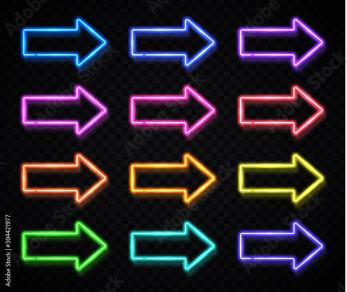 Neon arrow sign set isolated on dark transparent background. Realistic glowing electric pointer. Night color led illuminated signs showing direction. Bright light vintage billboard vector illustration