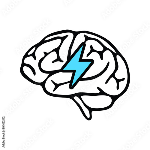 Brain with thunderbolt icon. bolt brain logo. brainstorming illustration.