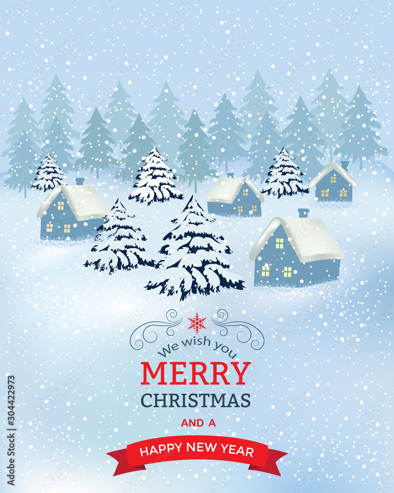 Merry Christmas Background with branches of tree and winter village