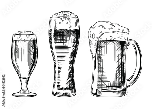 Set of the different beer glasses vector illustration, hand drawn sketch style 