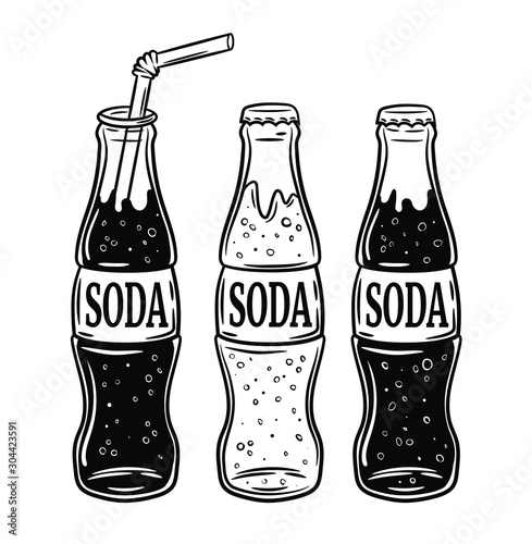 set of the different bottles with soda, vector hand drawn illustration