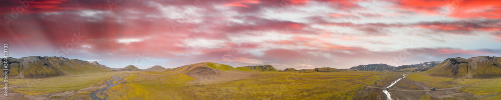 Amazing landscape of Landmannalaugar magnificent highlands in summer season, aerial view from drone, Iceland Amazing landscape of Landmannalaugar magnificent highlands in summer season, aerial view from drone, Iceland