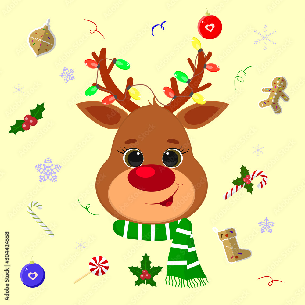 Naklejka premium Happy New Year and Merry Christmas. Cute deer head, on the horns of a garland. Background with christmas elements lollipop, gingerbread cookies, snowflakes, confetti. Cartoon, flat style, vector
