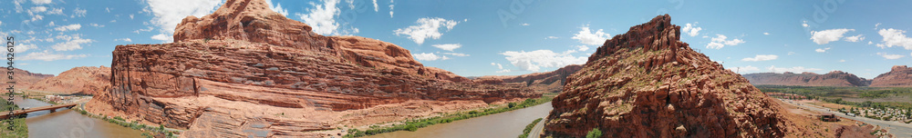 Colorado River near Moab, Utah. Arches National Park gateway, aerial view from drone at sunset Colorado River near Moab, Utah. Arches National Park gateway, aerial view from drone at sunset