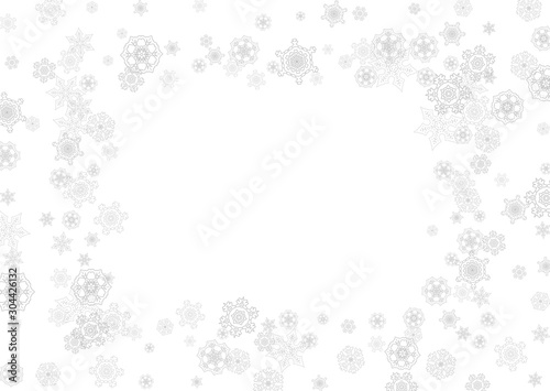 Snowflakes falling on white background. Horizontal Christmas and Happy New Year theme. Silver falling snowflakes for banner, gift card, party invitation, partner compliment and special business offers