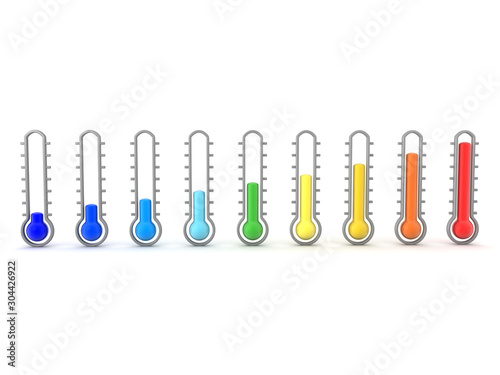 3D Rendering of many thermometers showing various temperatures