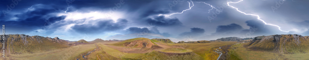 Storm over Iceland landscape. Amazing aerial view of Landmannalaugar in summer