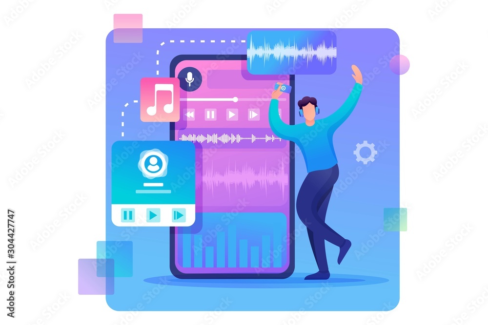 Young teen guy enjoys his favorite music track. Flat 2D character. Concept for web design Young teen guy enjoys his favorite music track. Flat 2D character. Concept for web design