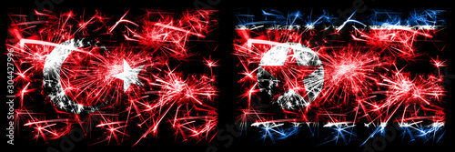 Turkey, Turkish vs North Korea, Korean New Year celebration sparkling fireworks flags concept background. Combination of two abstract states flags. © Vlad