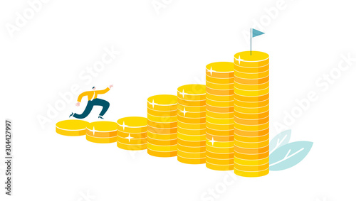 Realization of money potential. Character climbs on columns of coins. Businessman increases his income. Worker runs up the career ladder. Conceptual vector illustration EPS 10 isolated on white.