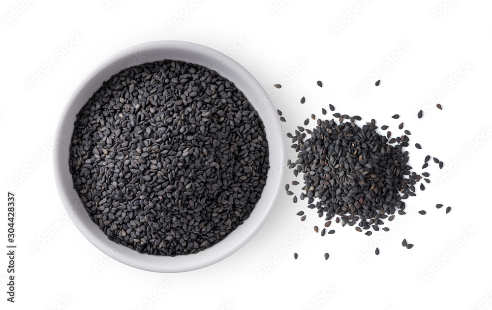 sesame in a bowl isolated on white background. top view sesame in a bowl isolated on white background. top view