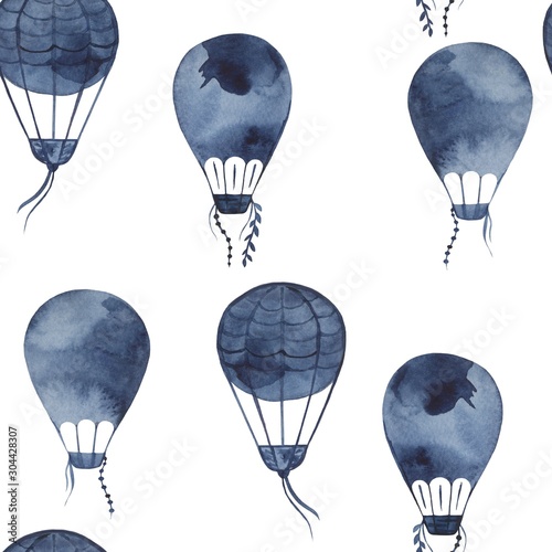 Pattern with balloons. Airship. Watercolor. Indigo. Hand drawn photo