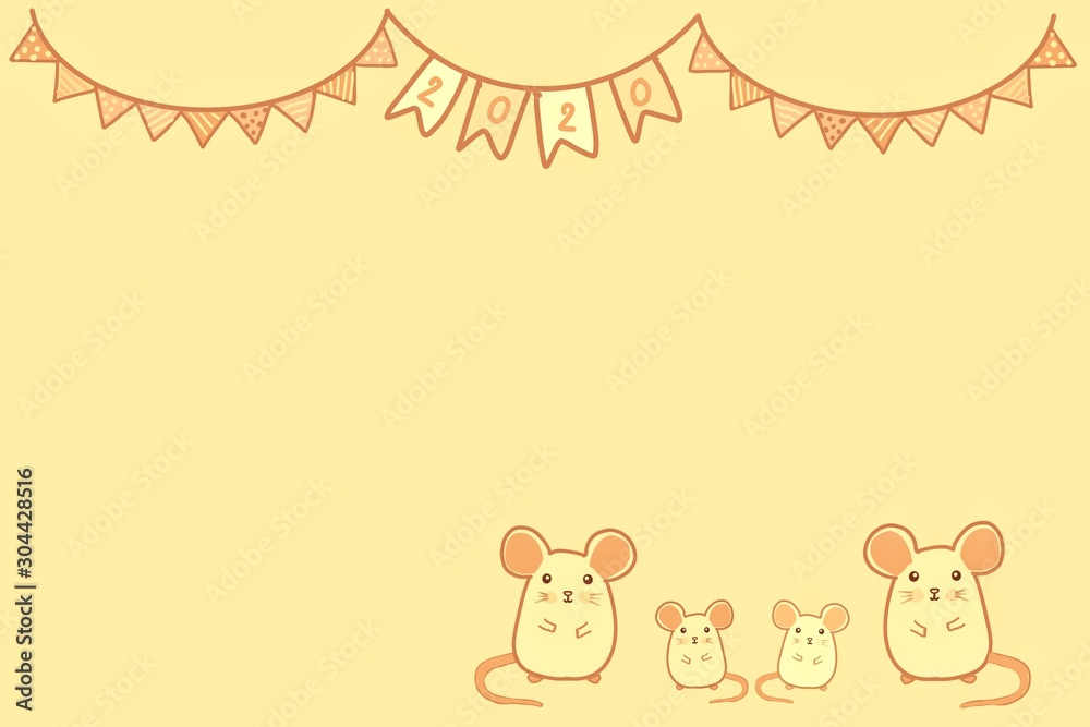 Obraz premium Drawing picture of a family of four rats on a yellow background with celebration flag and text 2020.