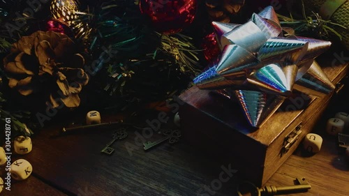 The Christmas decorations on wood table for holiday content.