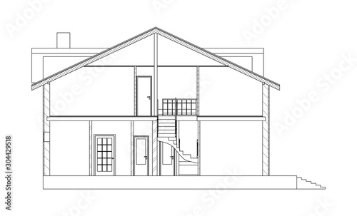Best interesting architectural background. Cross-section suburban house. Vector blueprint.