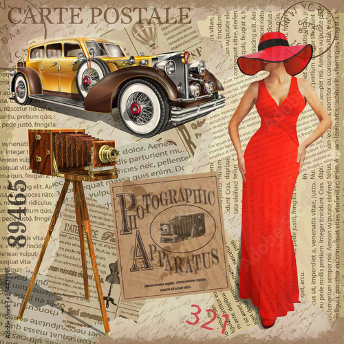 Vintage poster with vintage camera, pretty women and retro car, torn newspaper background.