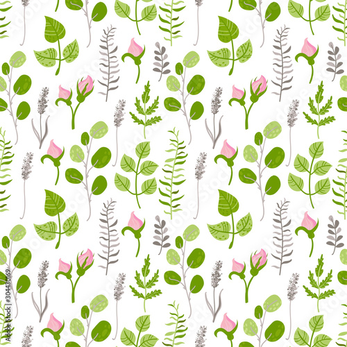 Seamless patern with pink flowers and twigs