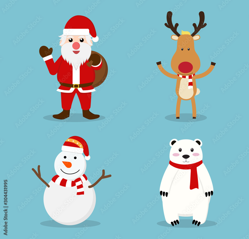 Christmas cute cartoon characters icon set - Vector illustration