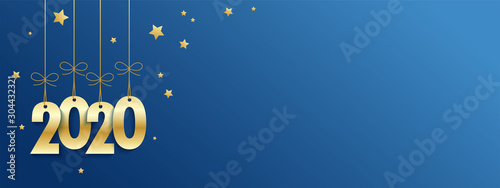 Metallic gold 2020 suspended on wide blue vector background