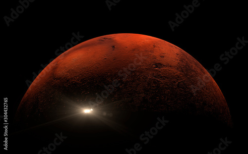 Fototapeta Naklejka Na Ścianę i Meble -  Small satellite travelling across the surface of Mars with strong shadows on the surface