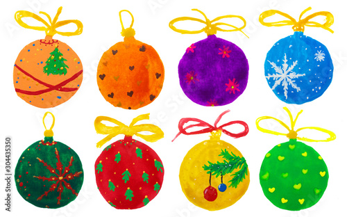 Watercolor hand drawn drawing of colorful Christmas baubles spheres balls set collection, isolated