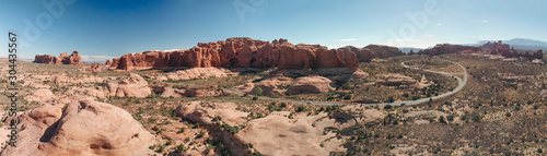 Aerial panoramic view of Arches National Park landscape, Utah. Drone point of view at sunset © jovannig