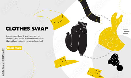 Vector illustration of different clothes for exchange. Swap clothes concept. Web banner.