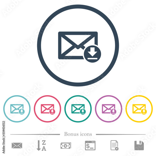 Receive mail flat color icons in round outlines