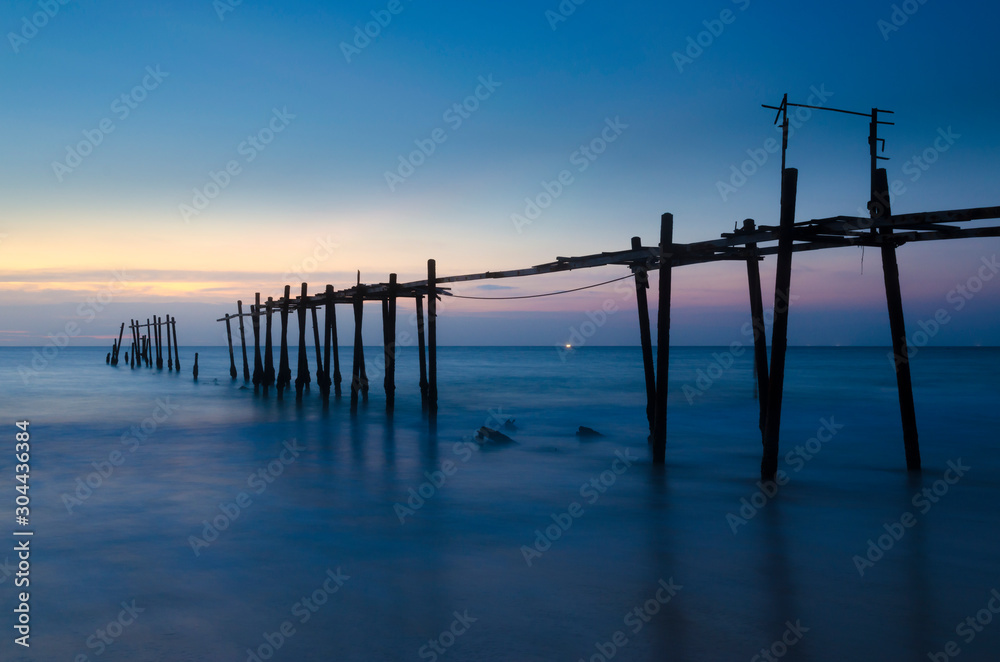 sunset with wooden fisherman bridge, andaman Thailand