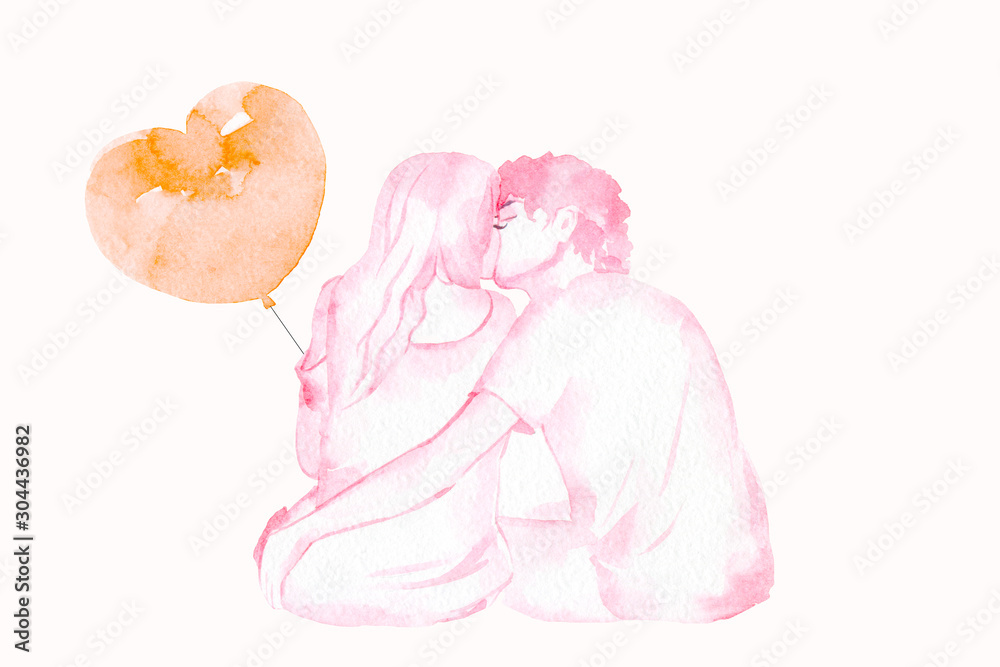 Watercolor illustration. Valentine's Day! The picture shows a couple in love, a kiss, a romantic atmosphere, a ball in the shape of a heart. Watercolor illustration. Valentine's Day! The picture shows a couple in love, a kiss, a romantic atmosphere, a ball in the shape of a heart.