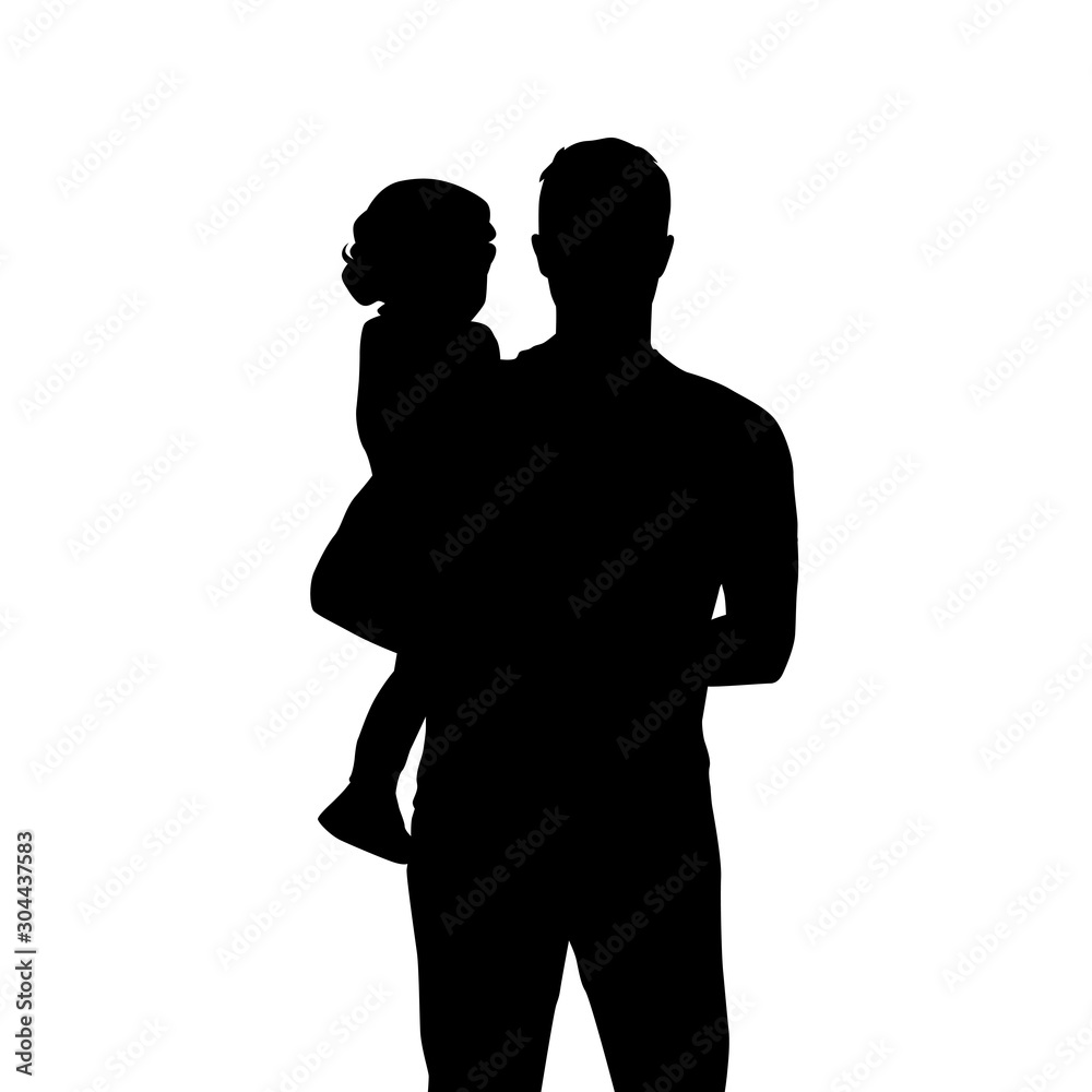 Father with baby, isolated vector silhouette. Man holding small kid