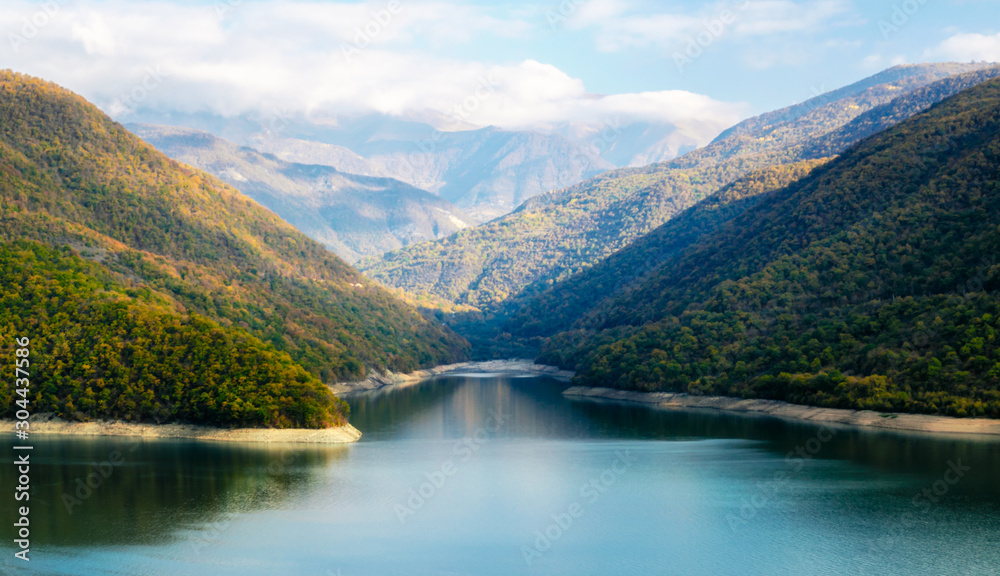 autumn landscape of mountains and lake in Georgia