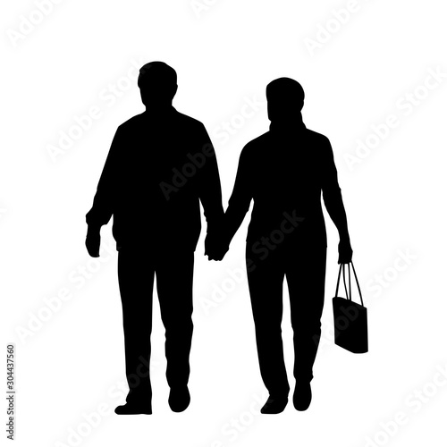 Couple of two seniors walking and holding hands, isolated tector silhouette