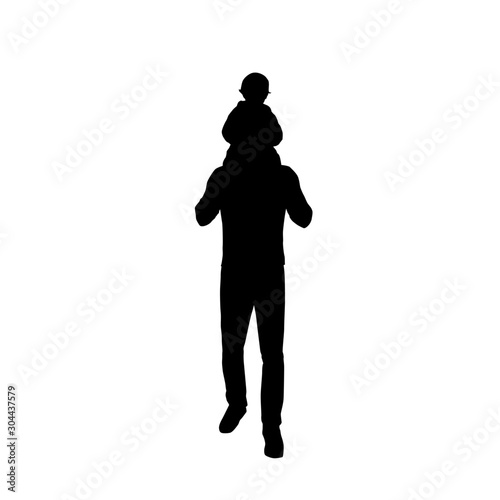 .Dad carries a baby on his back, father and kid, isolated vector silhouette