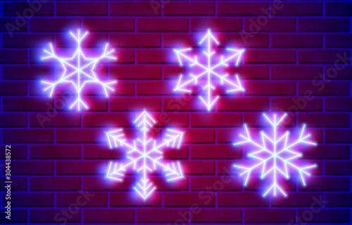 Neon snowflakes set with glowing purple and blue lights in 80s or cyberpunk style