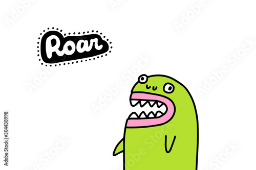 Roar hand drawn vector illustration in cartoon comic style strange monster green with open mouth