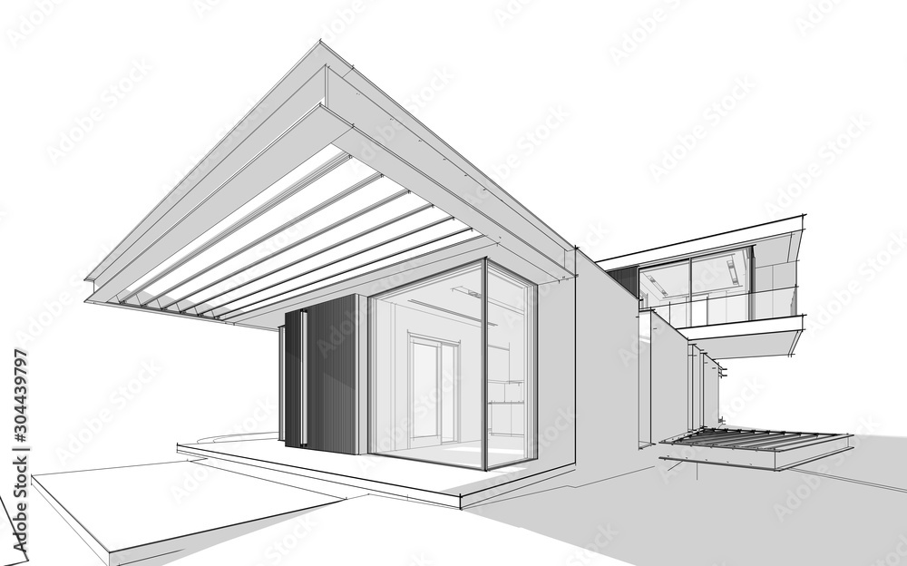 3d rendering of modern cozy house on the hill with garage and pool for sale or rent. Black line sketch with soft light shadows on white background. 3d rendering of modern cozy house on the hill with garage and pool for sale or rent. Black line sketch with soft light shadows on white background.