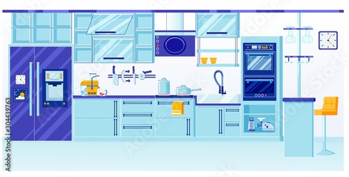 Blue Kitchen Interior Design with Shiny Glass
