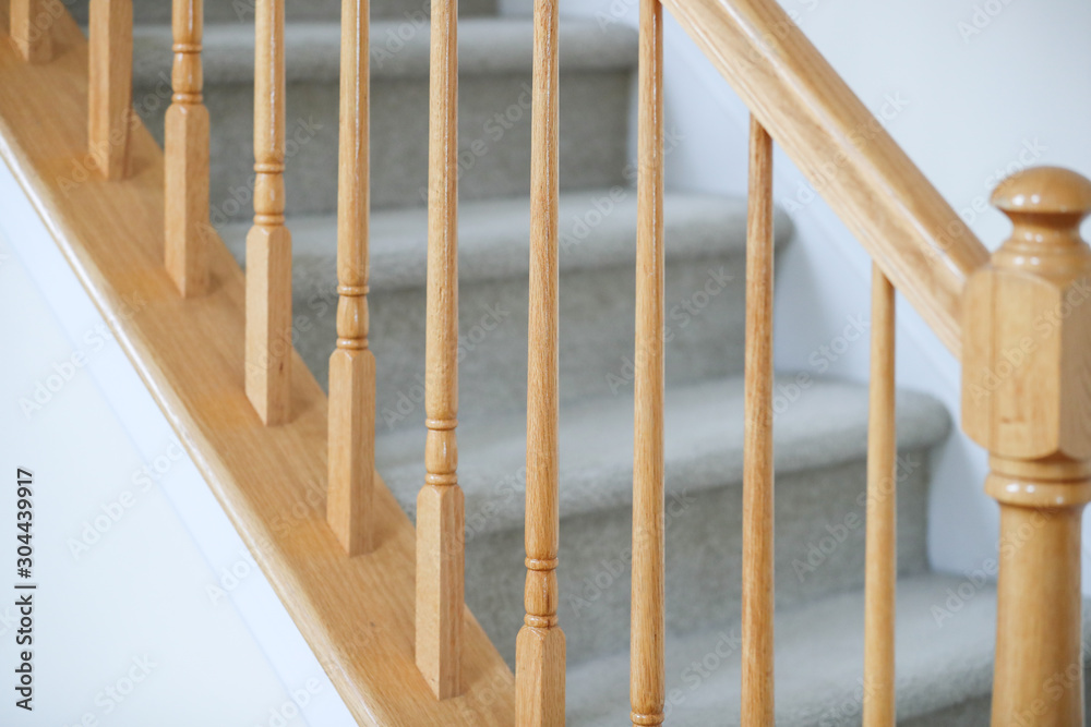 wooden stairs. Stair handrail closeup. - Image wooden stairs. Stair handrail closeup. - Image