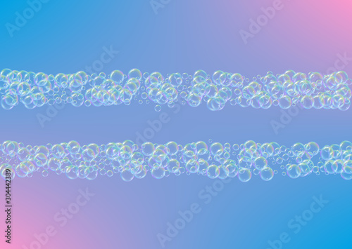 Soap foam. Detergent bath bubble and suds for bathtub. Shampoo. Stylish fizz and splash. Realistic water frame and border. 3d vector illustration invite. Rainbow colorful liquid soap foam.