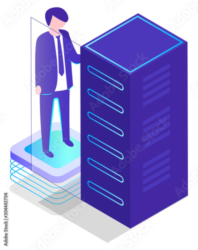 Man with supercomputer technologies vector, isolated male worker at office. Database center info storage, datacenter with modern innovation and systems station. Illustration in isometric 3d style