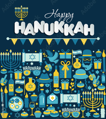 Jewish holiday Hanukkah greeting card traditional Chanukah symbols- dreidels spinning top  donuts  menorah candles  oil jar  star David illustration in wreath.