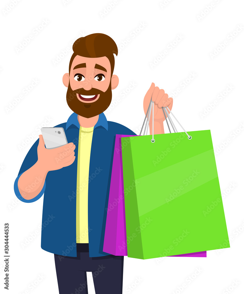 Happy young man showing shopping bags. Person holding a mobile, cell, smart  phone in hand. Modern lifestyle, digital technology, new purchase, latest  trend concept in vector cartoon style. Stock Vector | Adobe