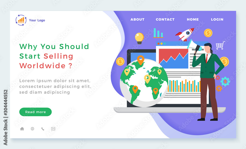 Why you should selling worldwide, man with megaphone, globe with location, graph report. Communication with laptop, international partnership vector. Website or webpage template, landing page